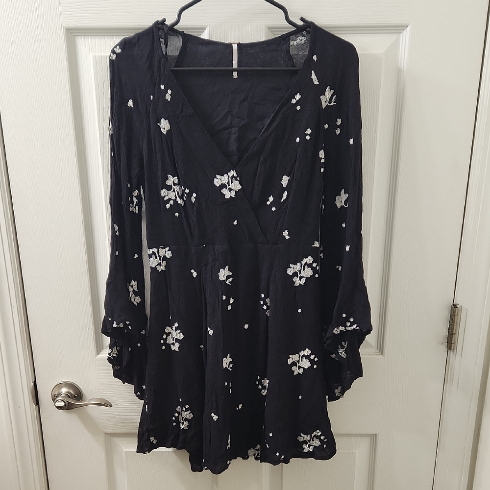 Free People Black Long Sleeve Dress with White Floral Pattern